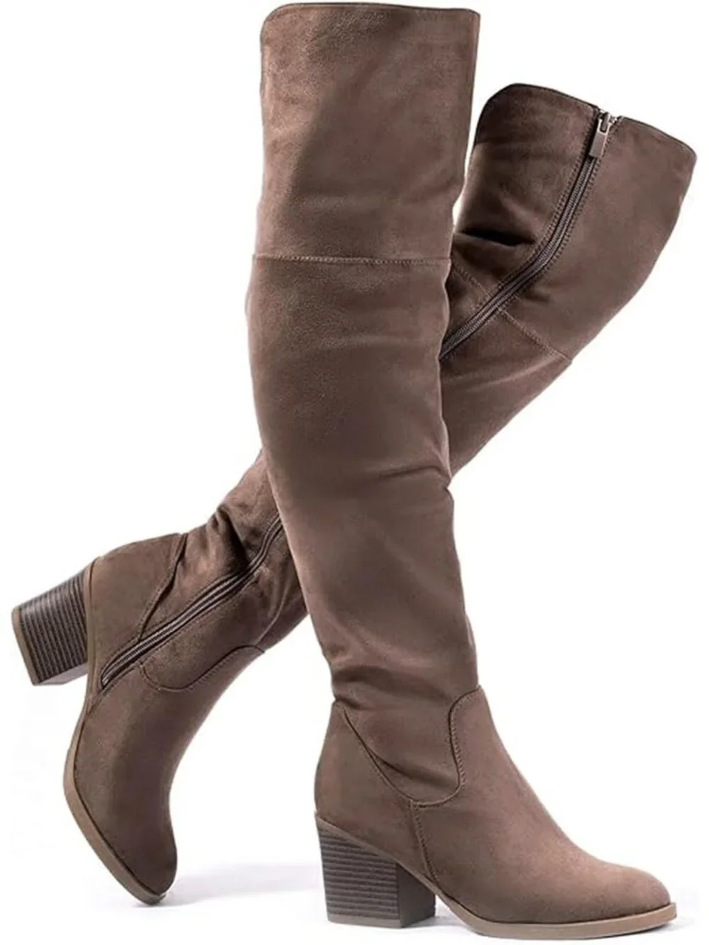 Women's Khaki Stacked Block Heeled Pointed Toe Side Zipper Thigh High Boots
